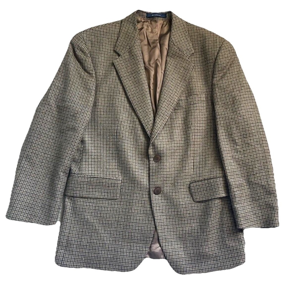 Vtg Chaps Ralph Lauren 100% Wool Flannel Sport Coat Men 42S Brown Houndstooth